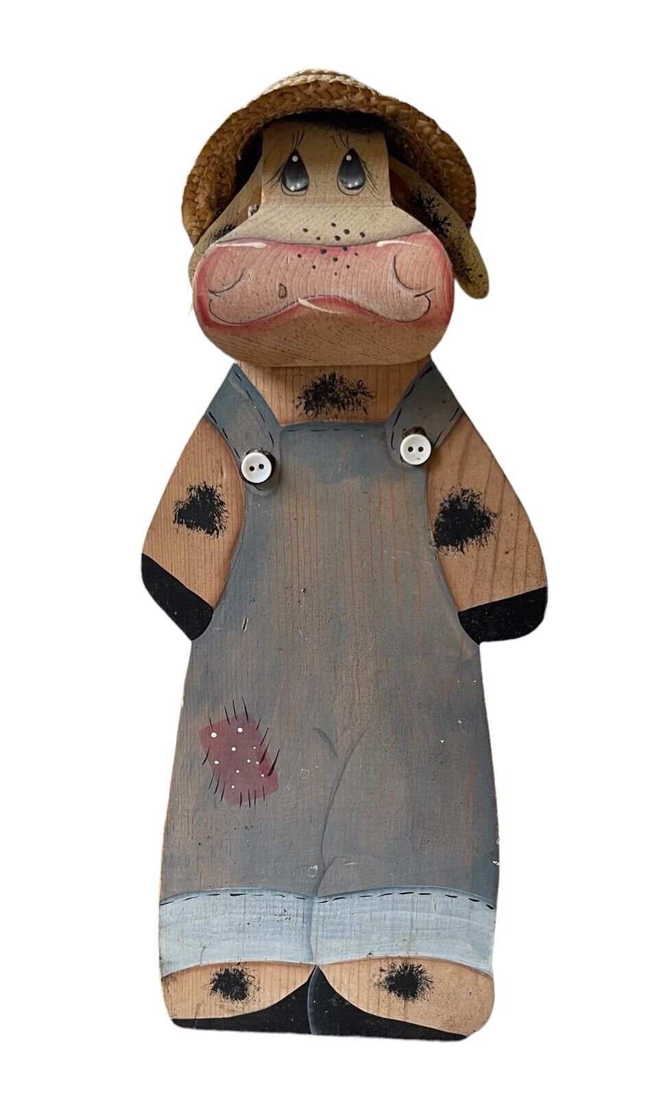 Wooden Country Cow Figure with Overalls & Straw Hat 15”