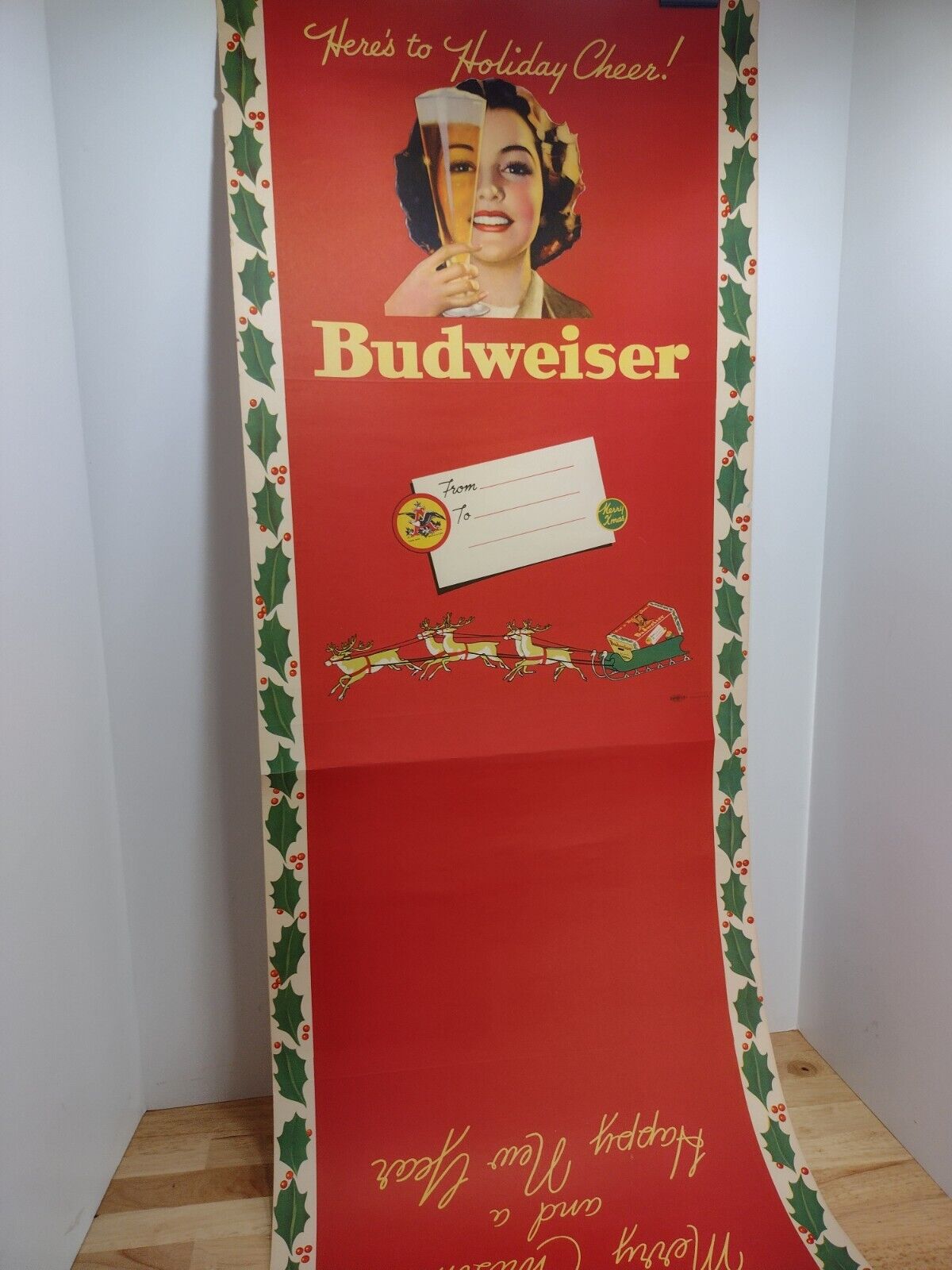 Budweiser Christmas 'Here's to Holiday Cheer' Beer Case Crate Wrap Litho Sign