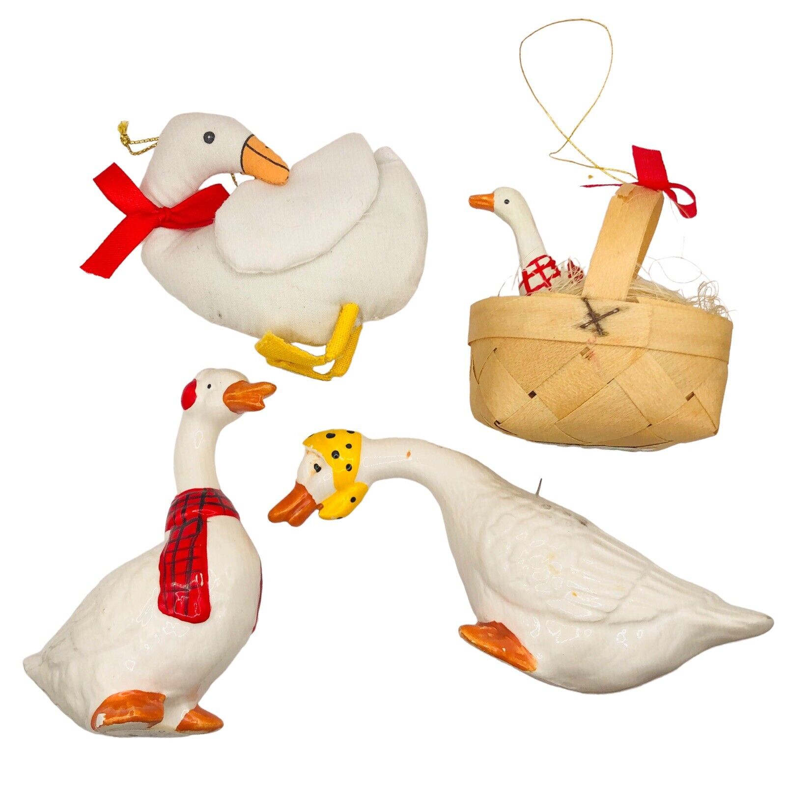 VTG LOT of 4 Christmas Goose Ornaments Ceramic Fabric Basket Polka Dot Bandanna