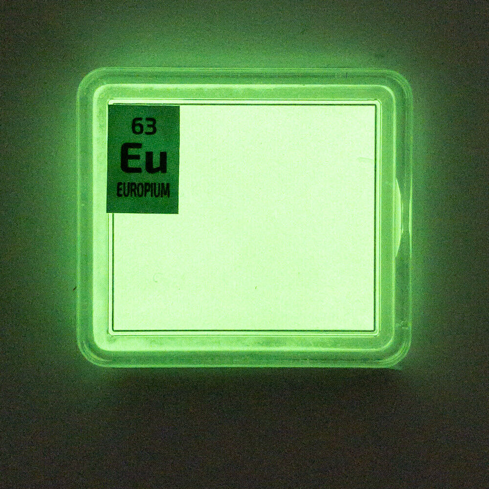 Europium rare earth amazing glow powder. Element Eu in a Periodic Element Tile.