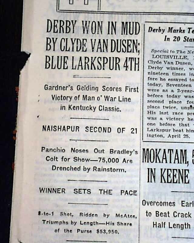 CLYDE VAN DUSEN Thoroughbred Racehorse Wins KENTUCKY DERBY Racing 1929 Newspaper