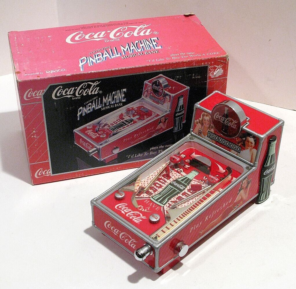 Vintage 1998 The Coca Cola Company Red White Pinball Machine Bank & Original Box