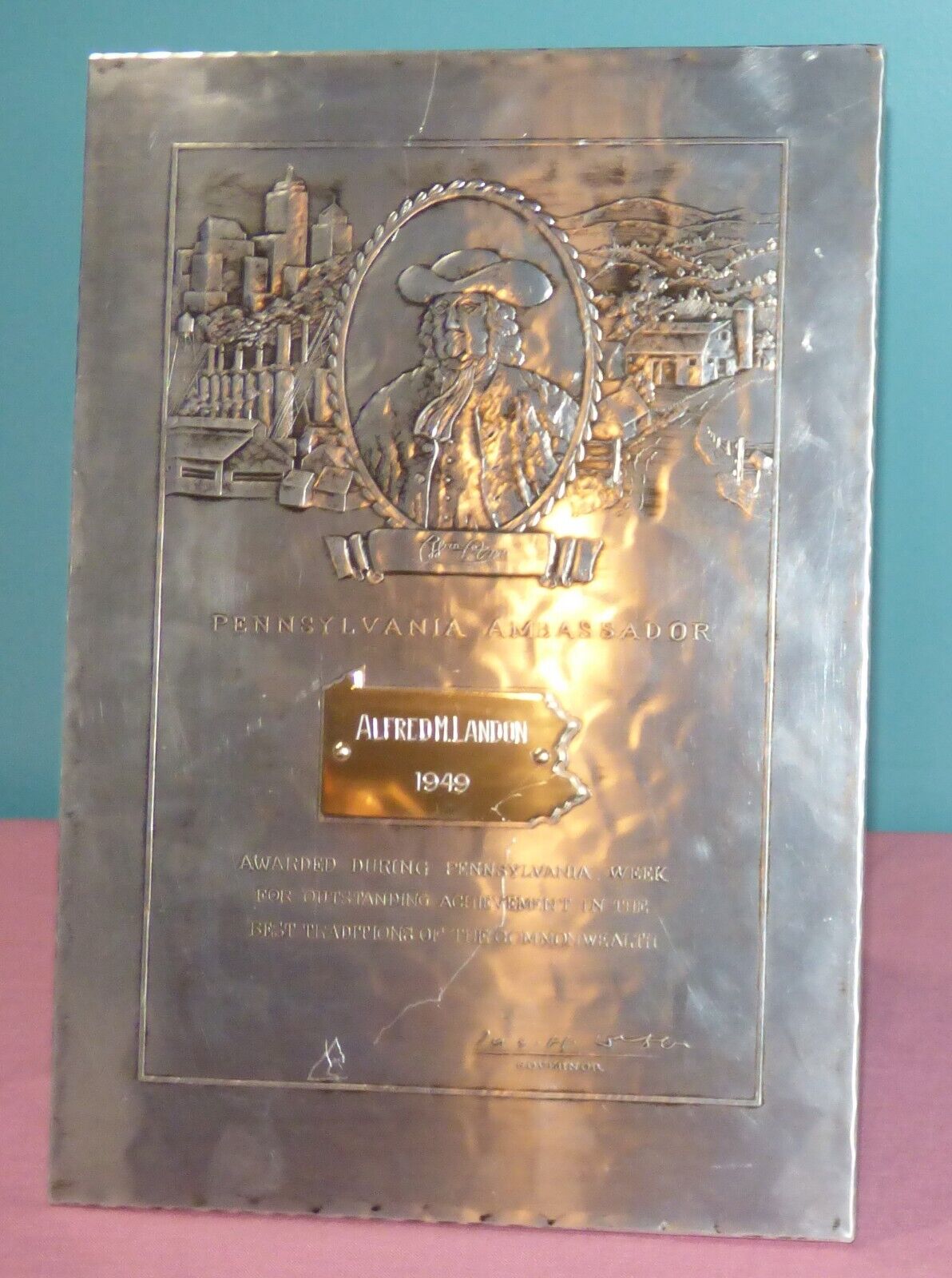 Alf Landon Award Plaque From Pennsylvania Governor 1949, Wendell August Forge