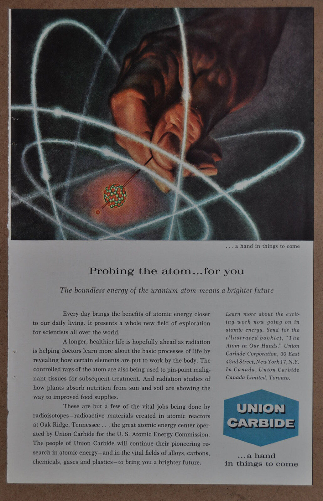1959 UNION CARBIDE advertisement, uranium, isotopes, medical use