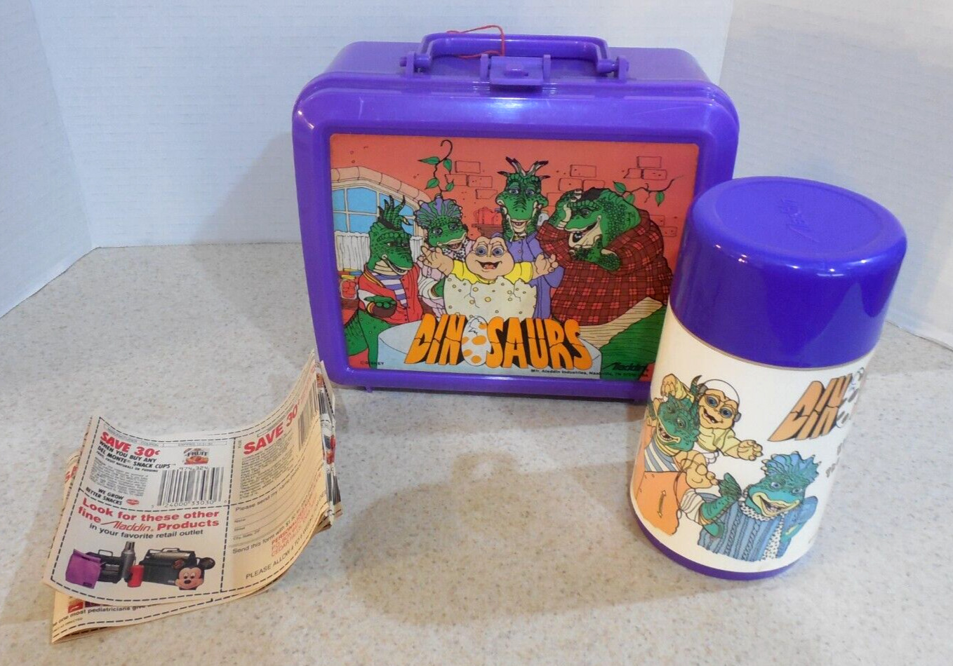 Aladdin Dinosaurs TV Purple Plastic Lunchbox With Thermos 90s W/ Thermos Disney