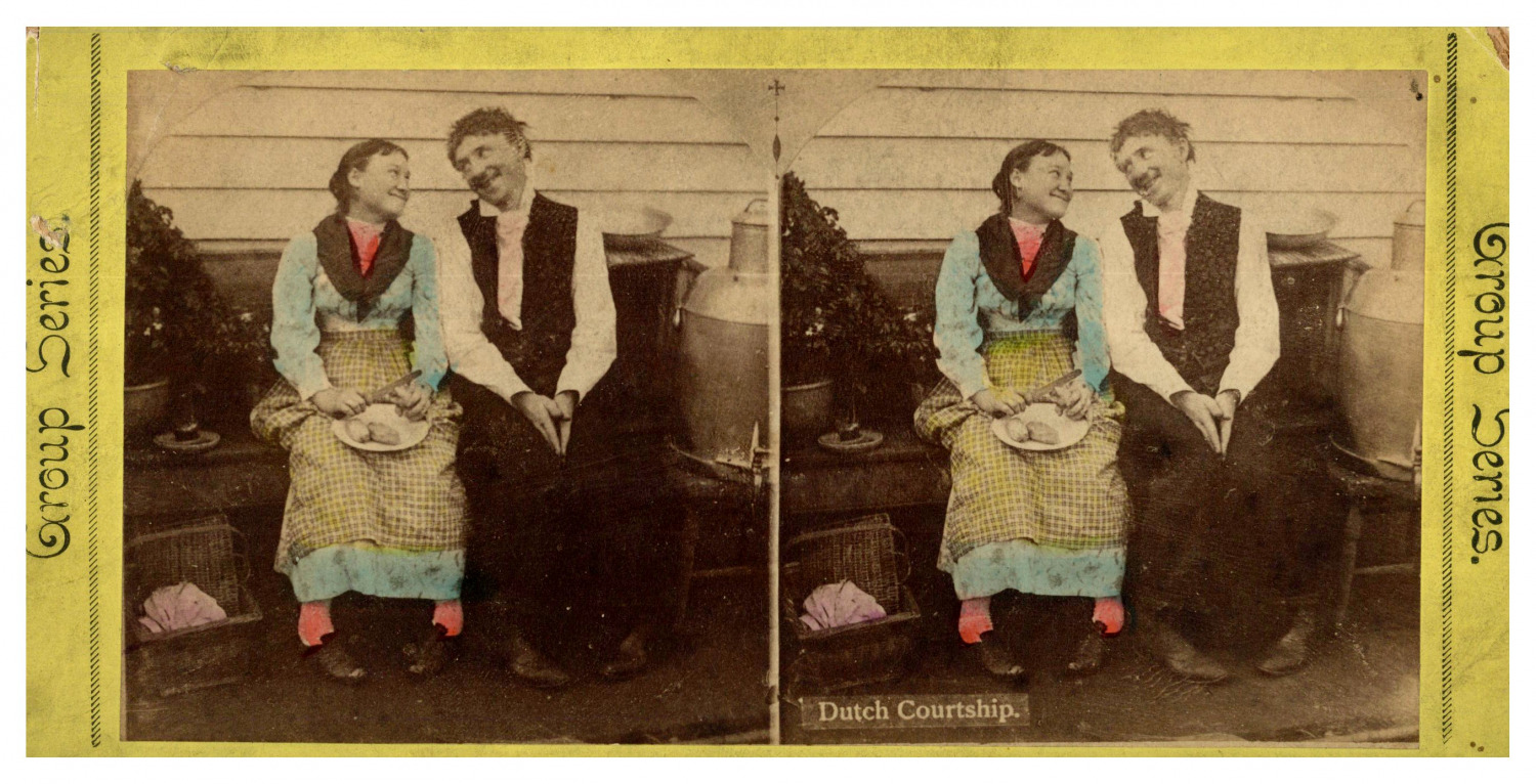 Dutch Courtship, ca.1870, Stereo Watercolor Vintage Print Stereo, Legend ti