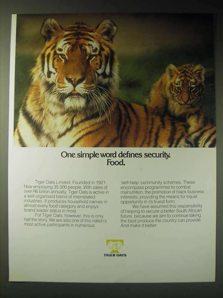 1989 Tiger Oats Ad - One simple word defines security. Food.