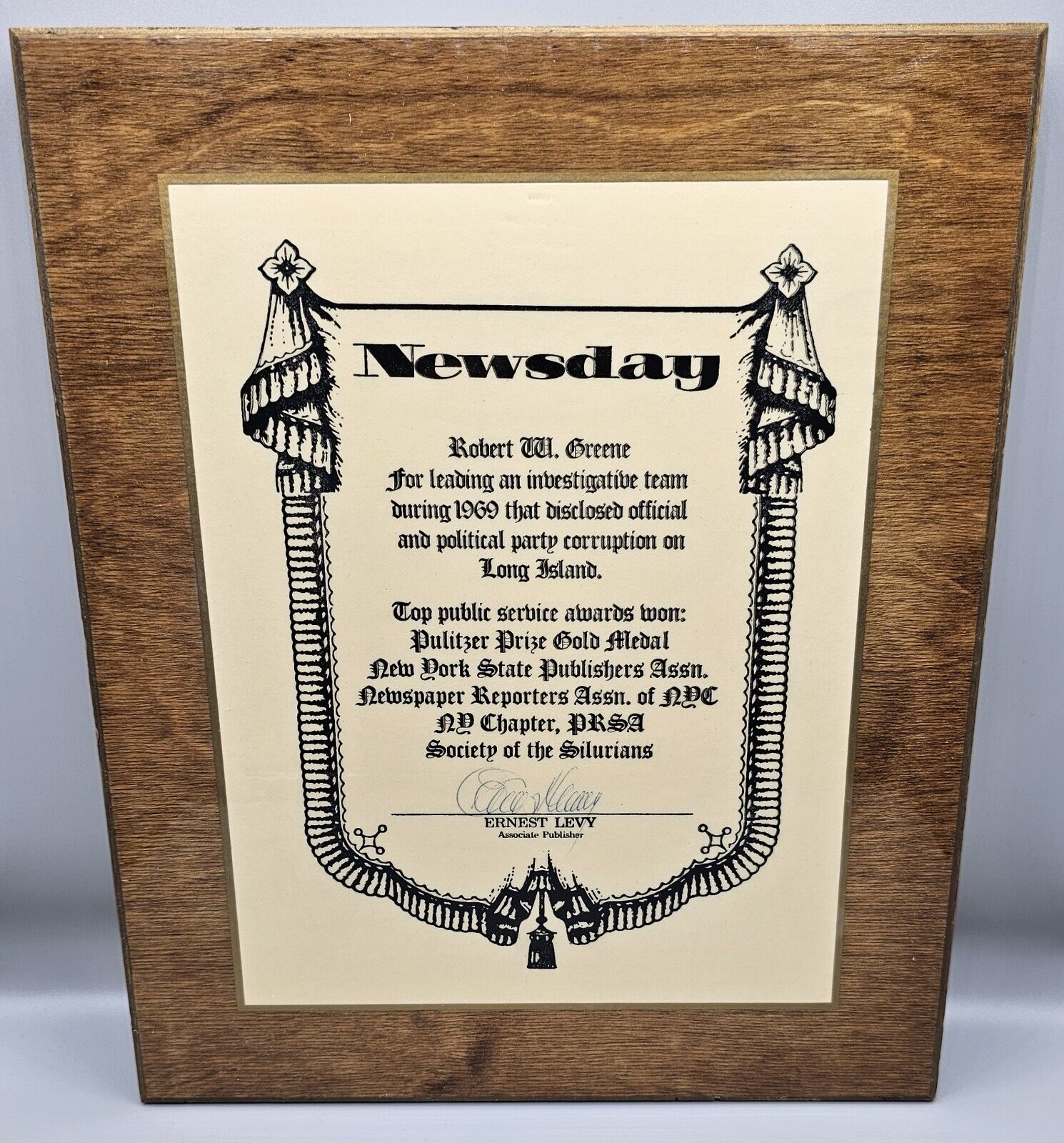 1969 Political Party Corruption Scandal Newspaper Journalism Plaque Award LI NY