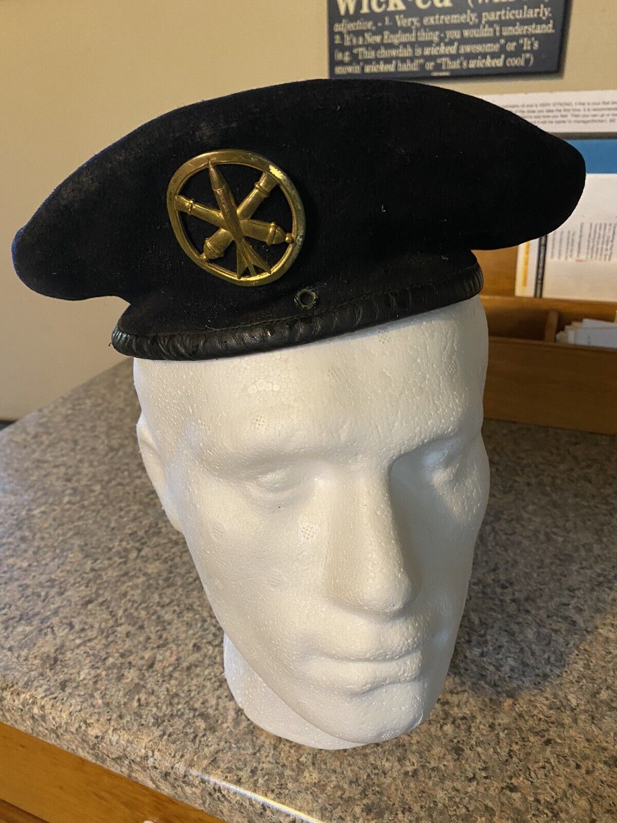 Vintage French Military Beret Black Wool And Leather WWII