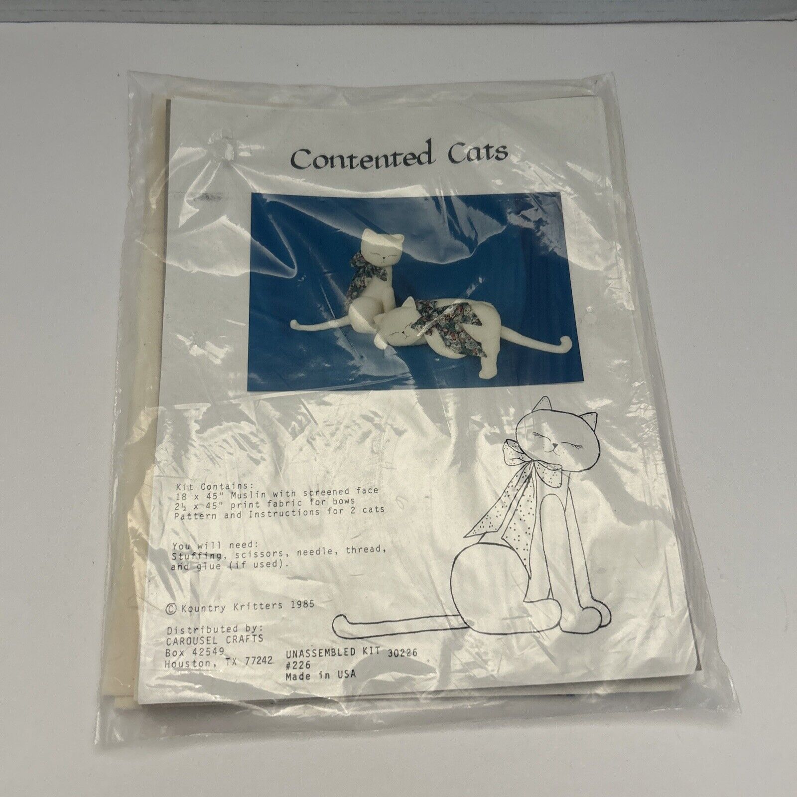 NOS 1985 Contented Cats Craft Sewing Project Kit New Unopened Carousel Crafts ￼