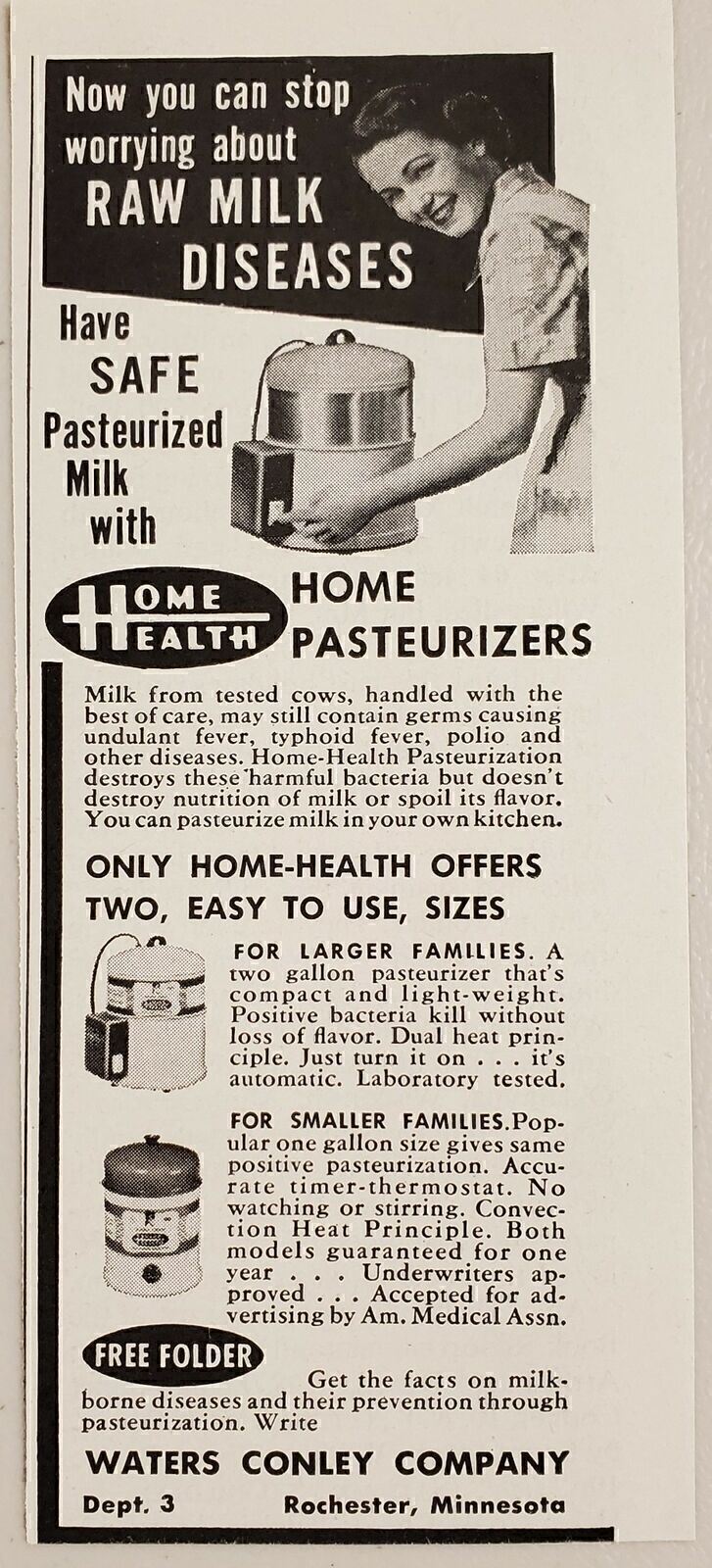 1959 Print Ad Home Health Milk Pasteurizers Waters Conley Co. Rochester,MN