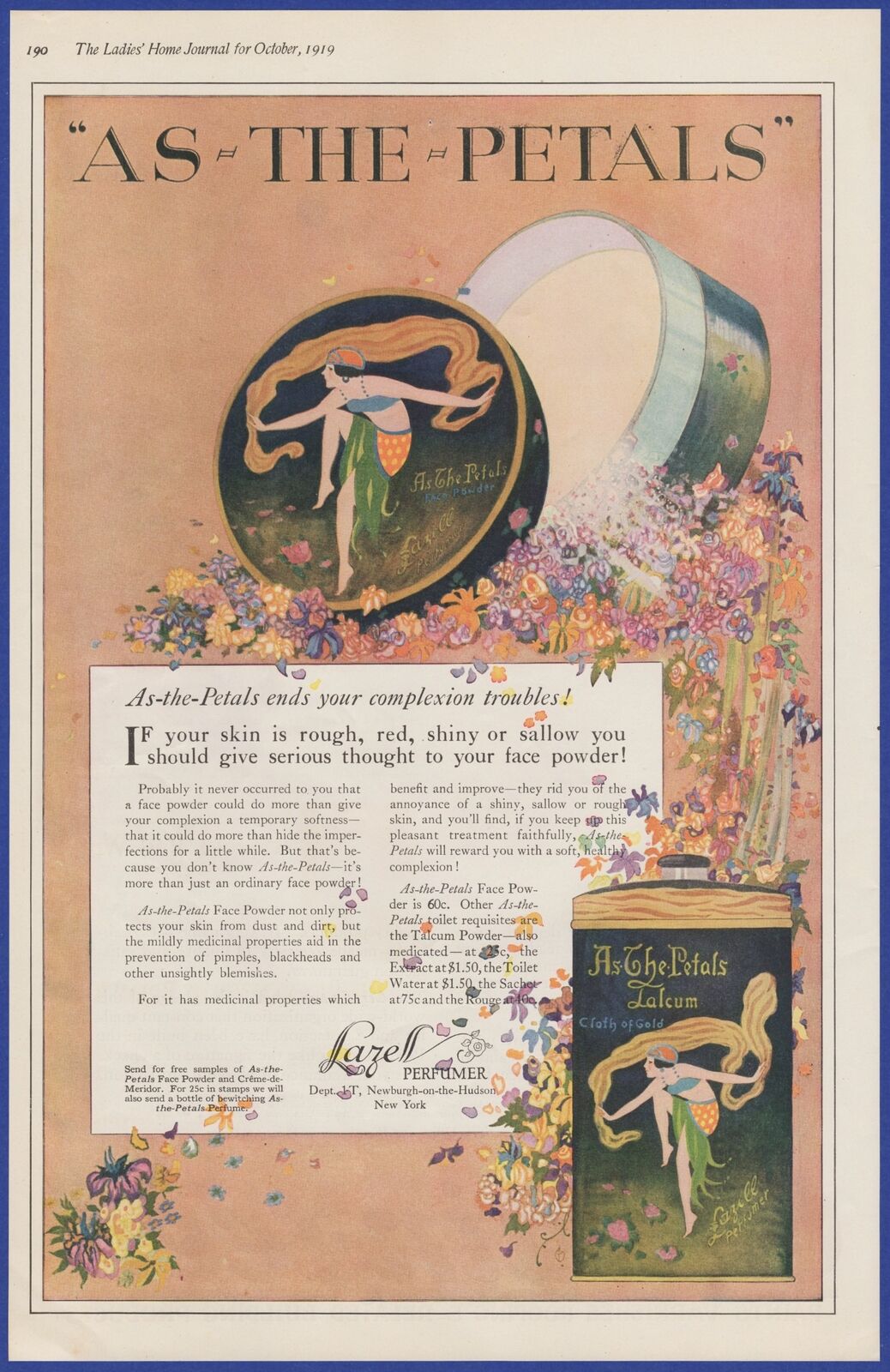 Vintage 1919 LAZELL As The Petals Talcum Powder Ephemera Art Decor Print Ad