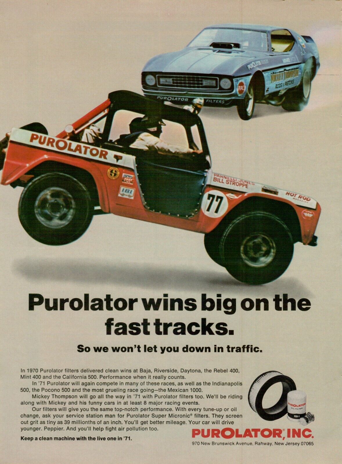 1971 Purolator Filters Ford Mustang Jeep Baja Daytona Photo Vintage Print Ad