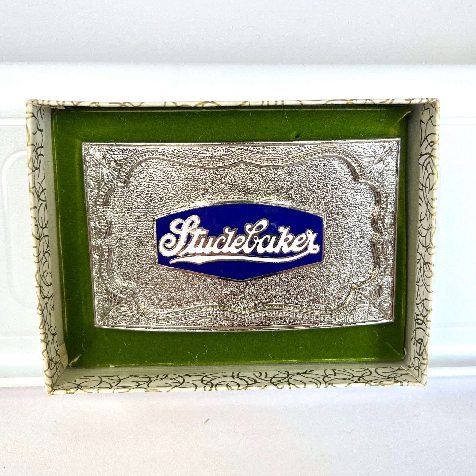 NOS - Vintage Studebaker Enamel Logo Silver Belt Buckle Crafted Early '80s
