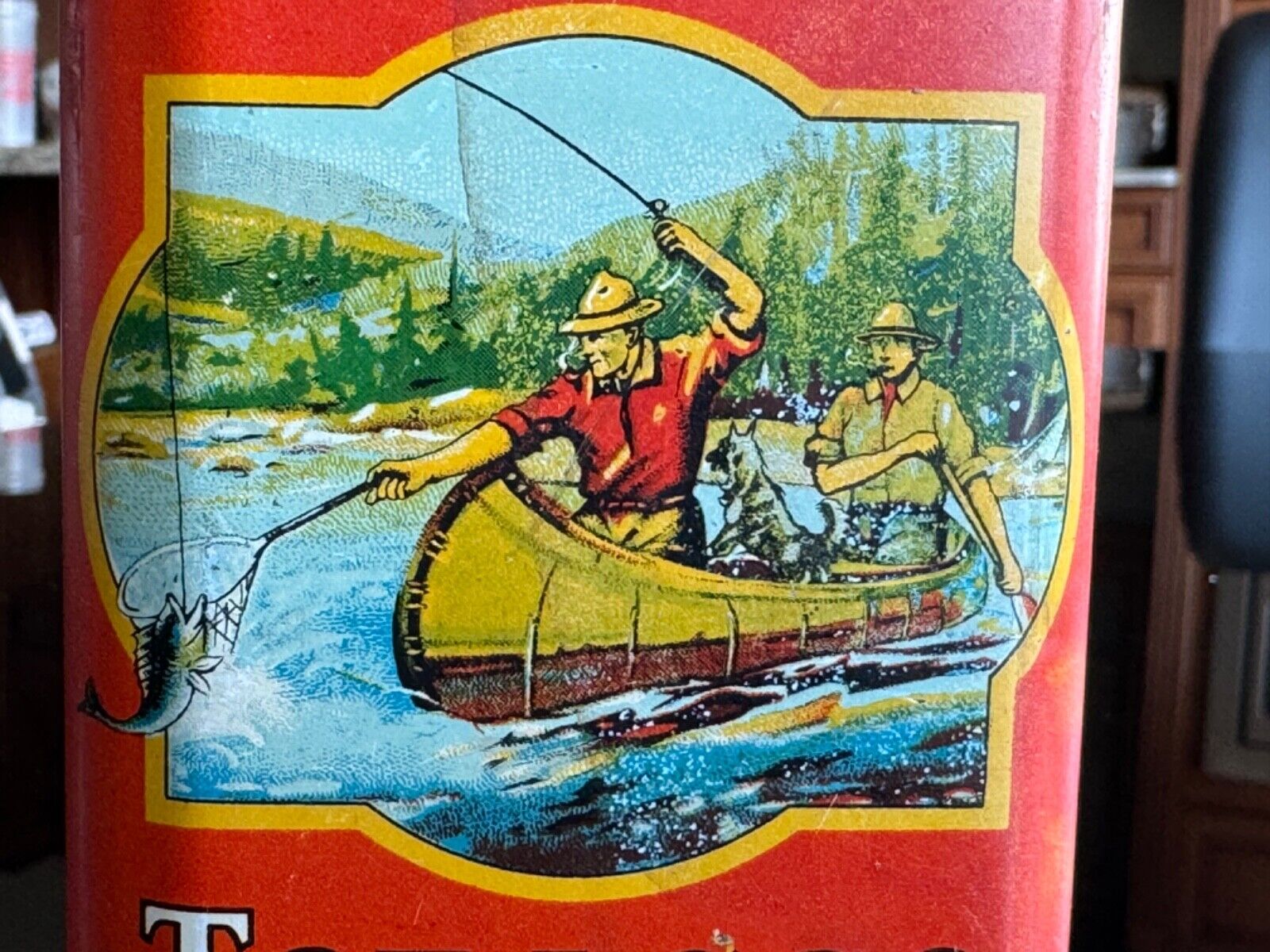 Antique Forest and Stream Pocket Tobacco Tin Can *Men in canoe BEST GRAPHICS
