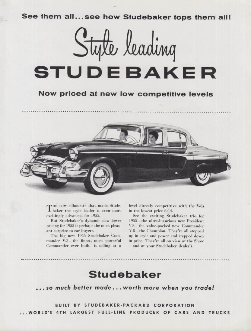 Style leading now priced at low levels Studebaker President ad 1955