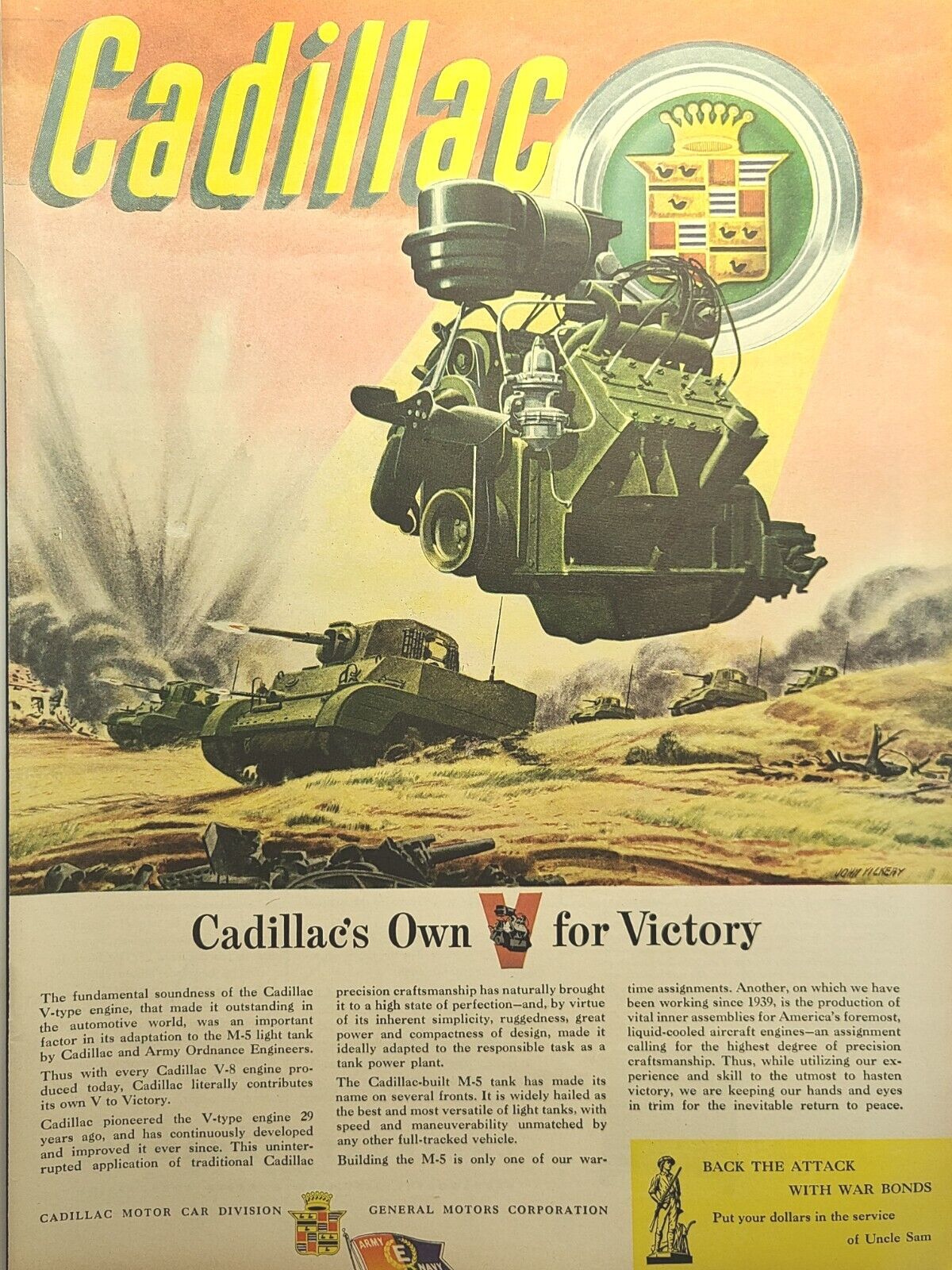 Cadillac M-5 Light Tank Engines Battlefield John Vickery Vintage Print Ad 1943