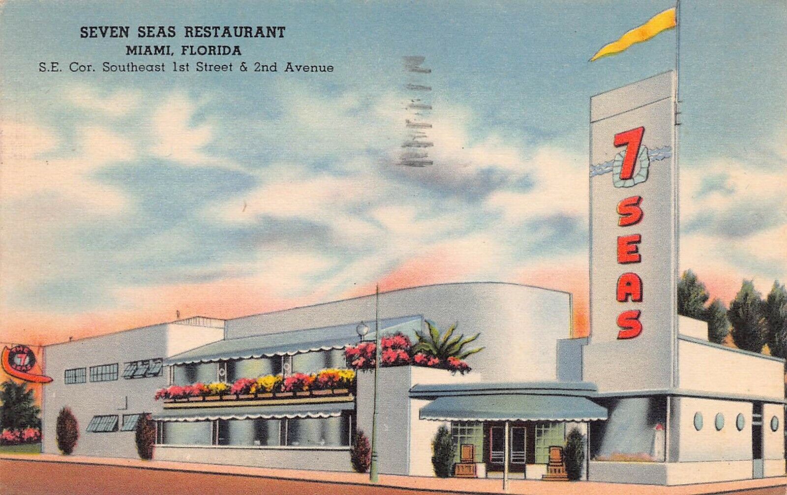 Seven Seas Restaurant, 1st St. & 2nd Ave., Miami, Florida, 1947 Postcard, Used 