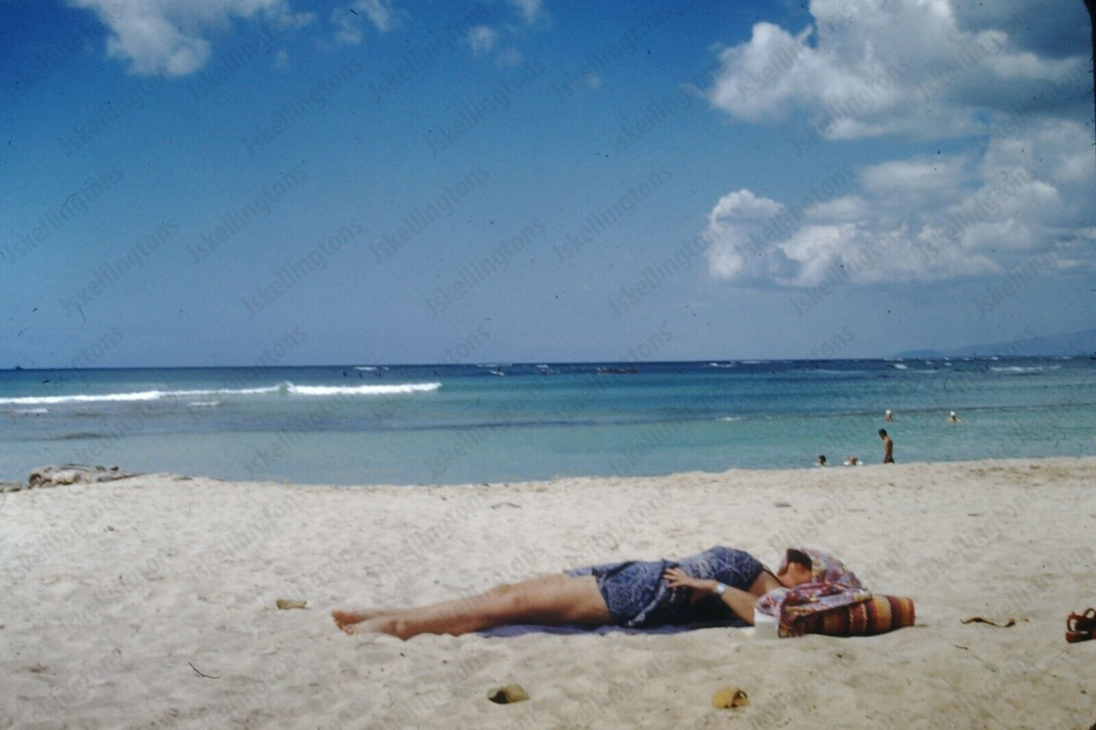 1950s Beach Scene woman sunbathing candid Kodak Red Border Orig 35mm SLIDE Ha2