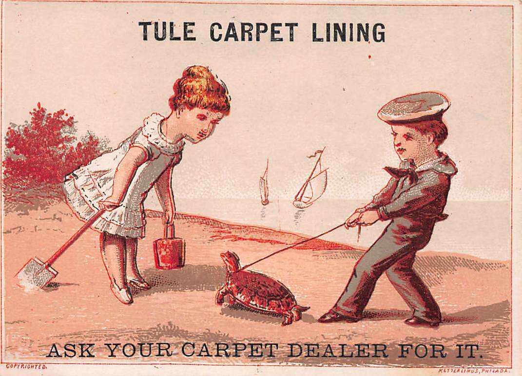 Boy, Girl & Turtle, Tule Carpet Lining, Early Trade Card, size: 67 mm x 91 mm