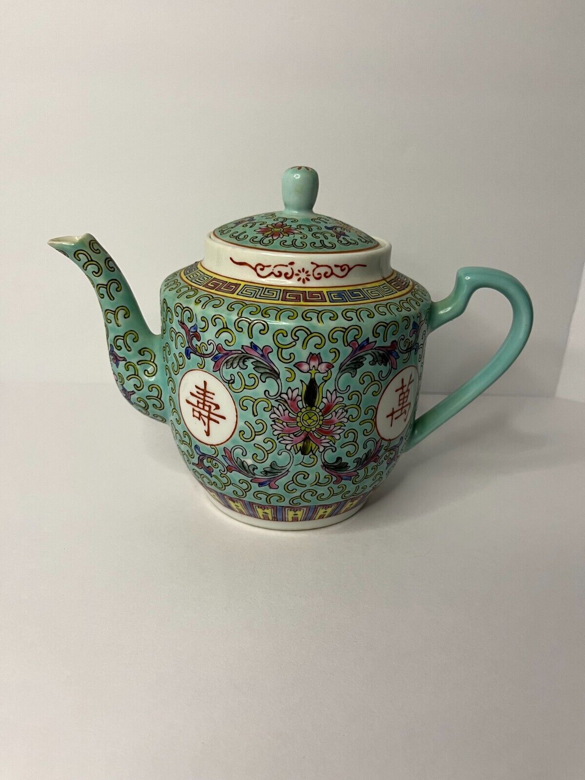 VTG Chinese Porcelain Teapot, Turquoise Blue w/ Mun Shou Longevity Symbols -13-
