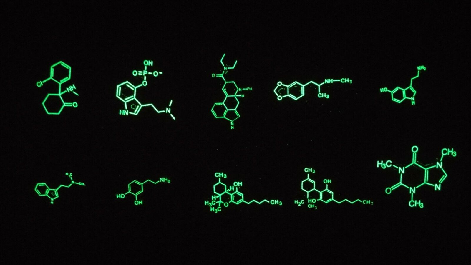 10 Super Glow Caffeine Lsd Mdma Serotonin DMT Dopamine THC CBD Molecule Pin Lot