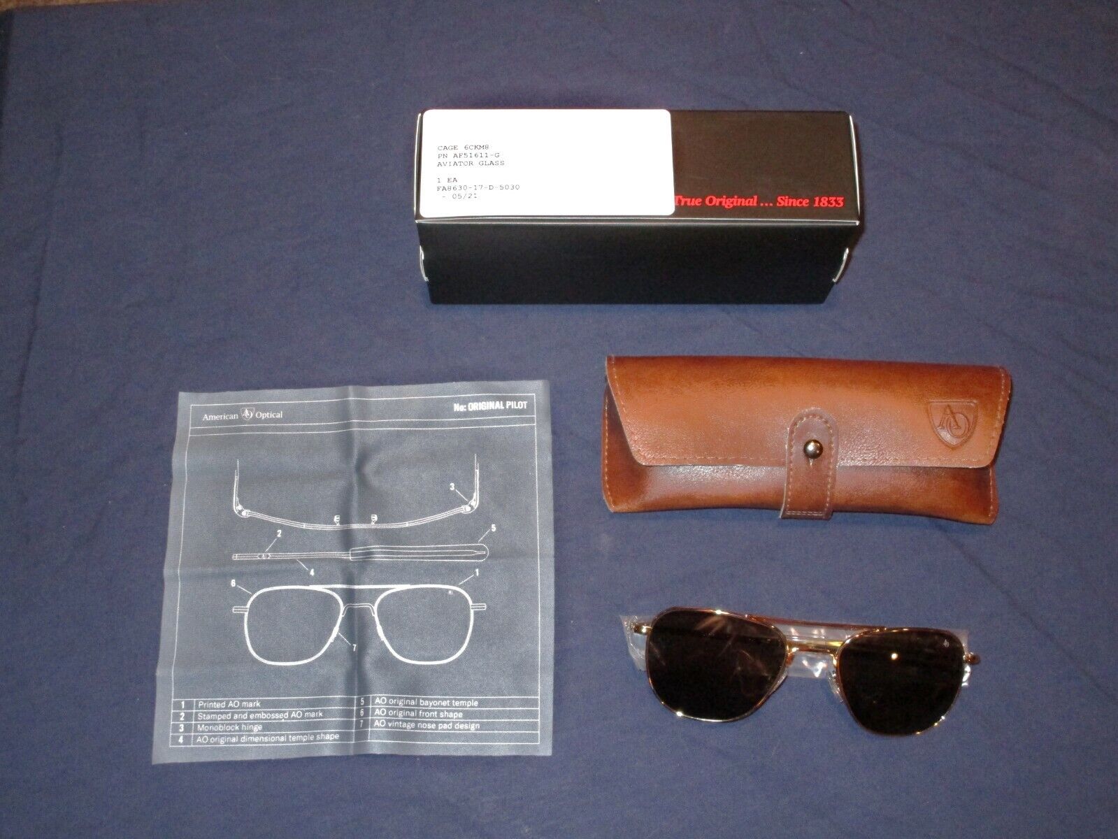 New, American Optical, AO, Original Pilot Sunglasses, 55 mm Lens, Gold Frames