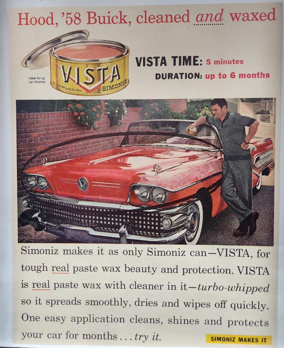 1958 Buick Convertible Simoniz Vista Hood Waxed Vintage Print Ad Man Cave Poster