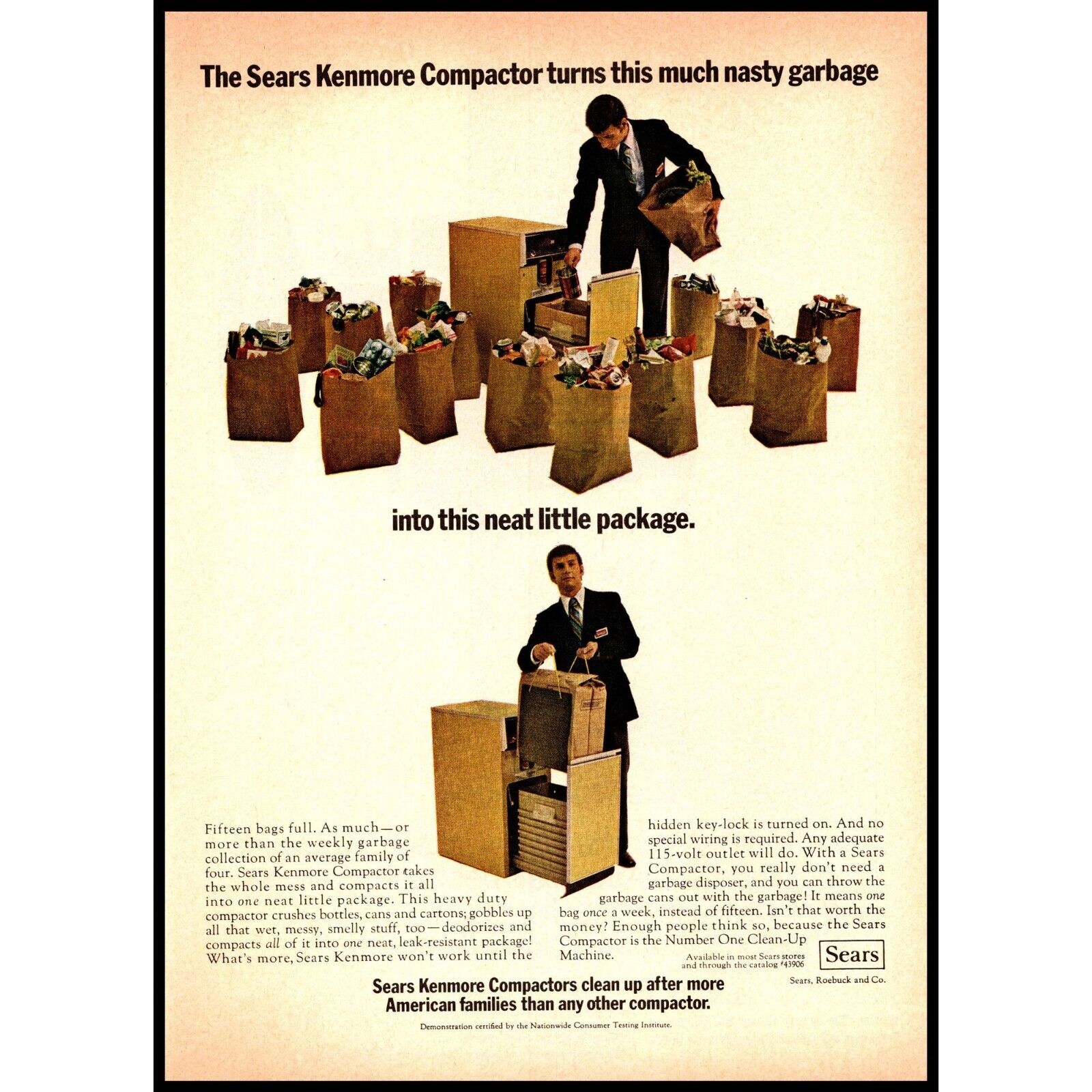 1974 Sears Kenmore Trash Compactor Vintage Print Ad Kitchen Appliance Wall Art