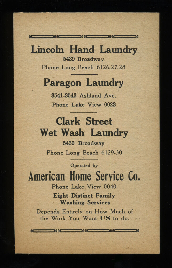 1920s Adv Card Various Laundry Locations, Chicago, Bunco Score Sheet on Back