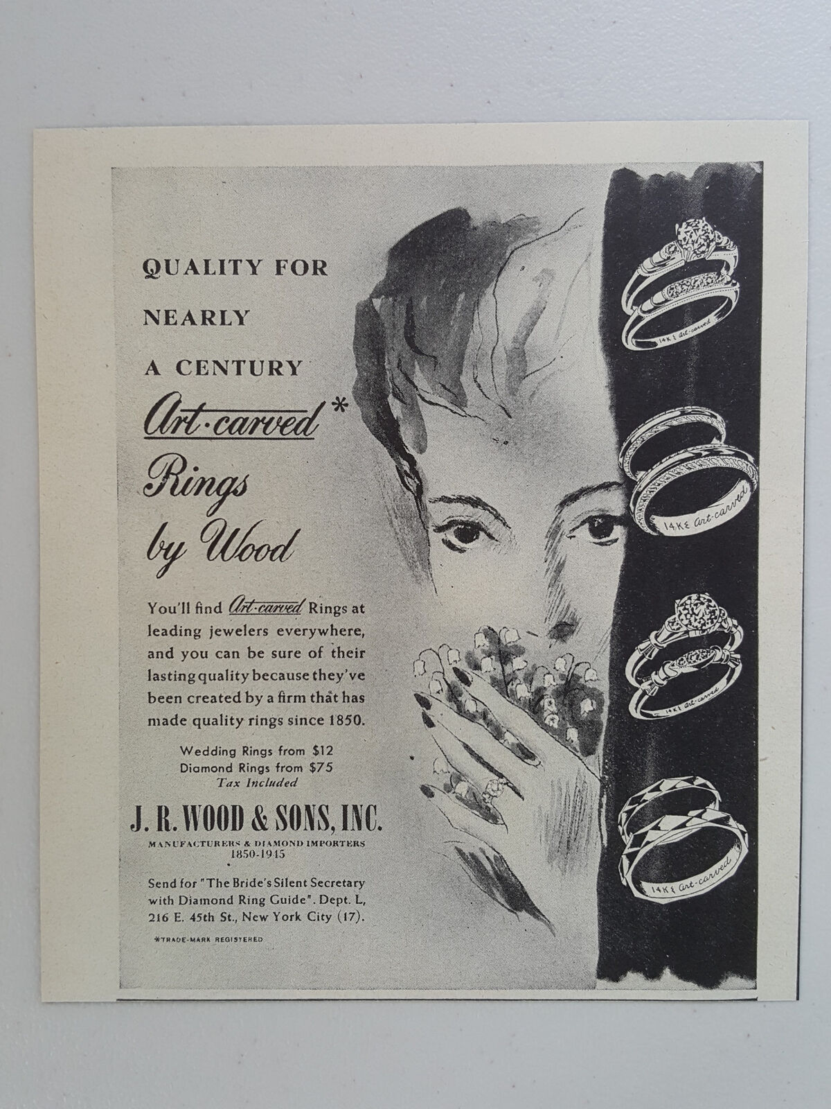 1945 J.R. Wood Art-Carved Ring Jewelry Diamonds Engagement Vtg Magazine Print Ad