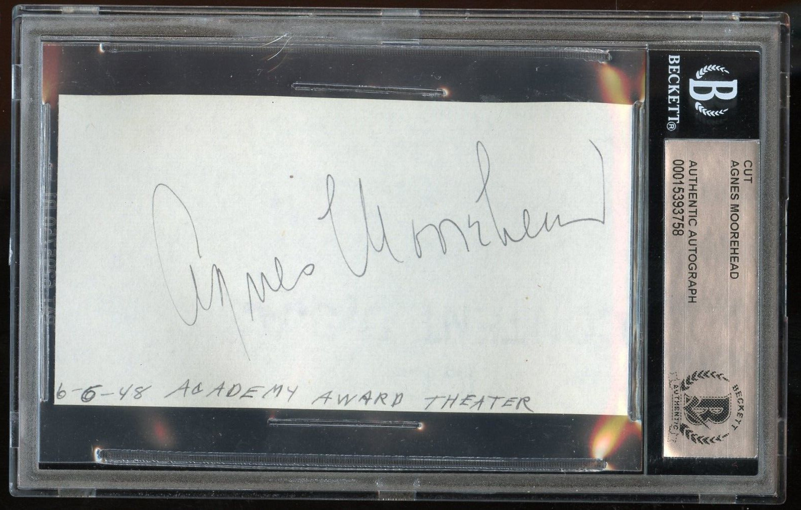 Agnes Moorehead signed 2x4 cut autograph on 6-6-48 at Academy Award Theater BAS