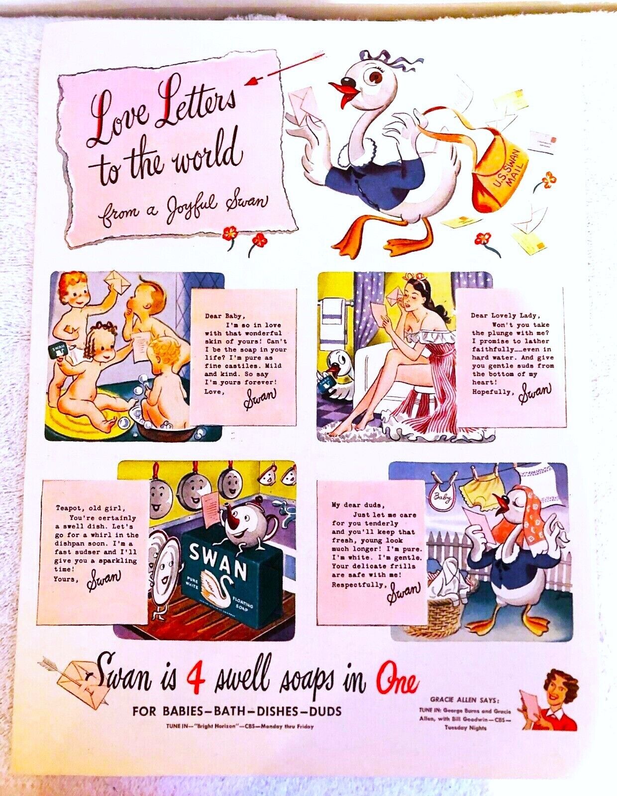 Vintage Swan Soap Baby Ad 13x10 with babies print art for bathroom circa 1940 {G