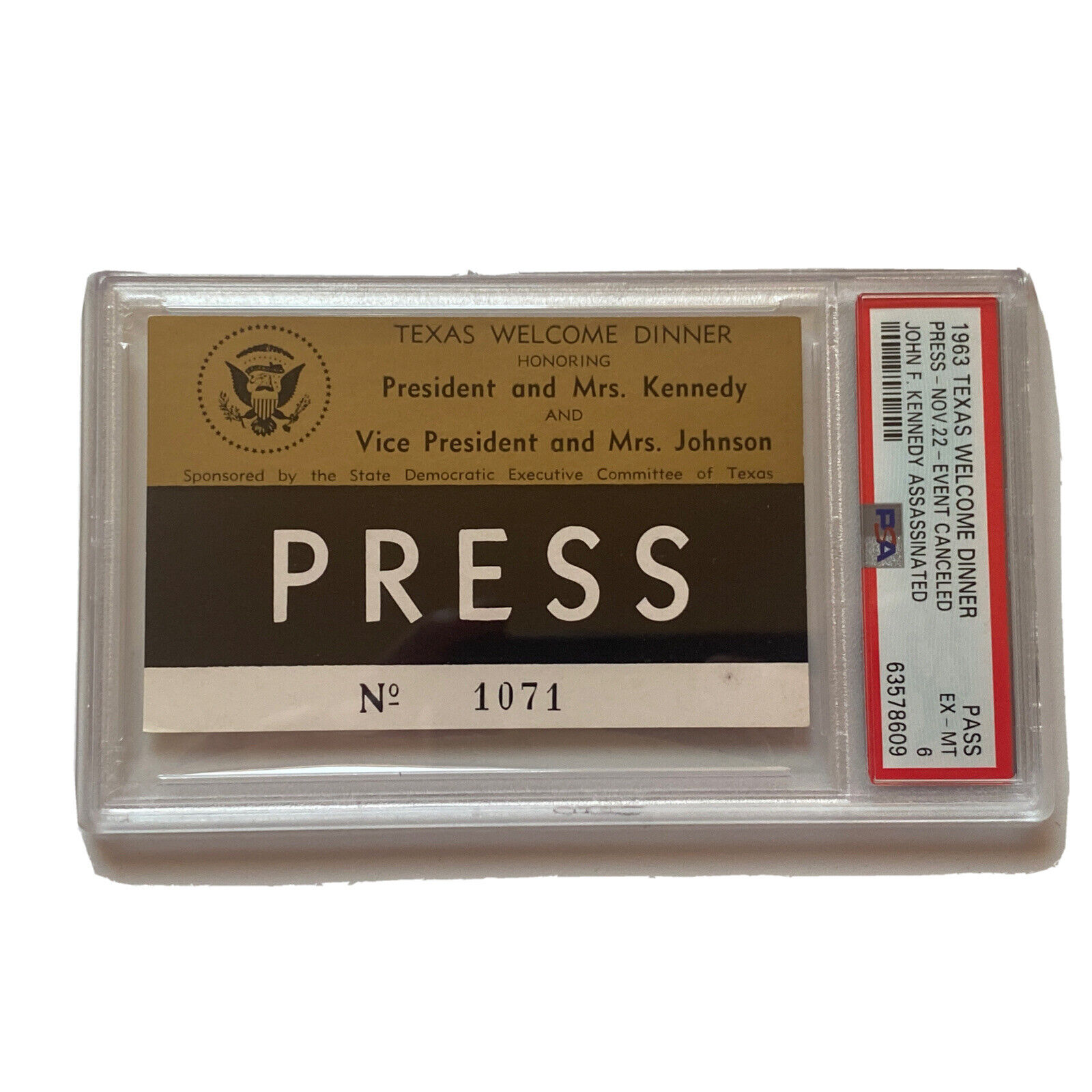 1963 Texas Welcome Dinner Press Badge President John Kennedy Assassination PSA 6