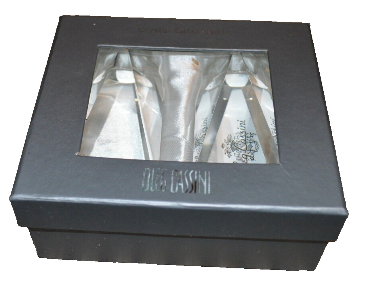 New in Box, Oleg Cassini 4\'\' Crystal Prism Crystal Candlesticks (Set of 2)