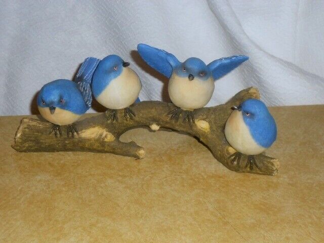 Four Blue BLUEBIRDS Birds on Branch Bird Figurine 10 inch