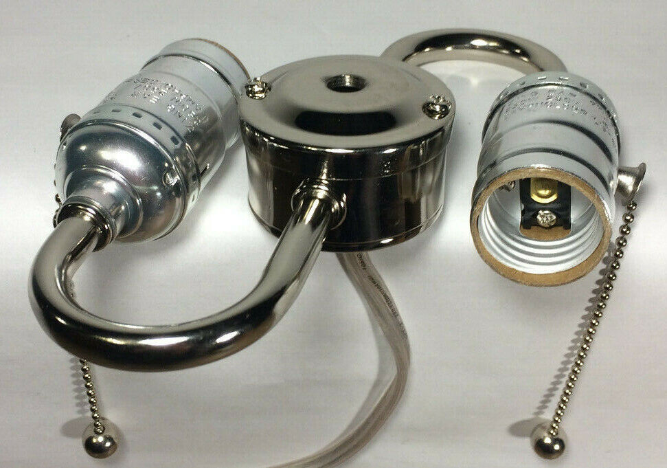 New Wired S-Type 2-Light Lamp Cluster w/ Pull Chain Sockets, Nickel Finish #412N