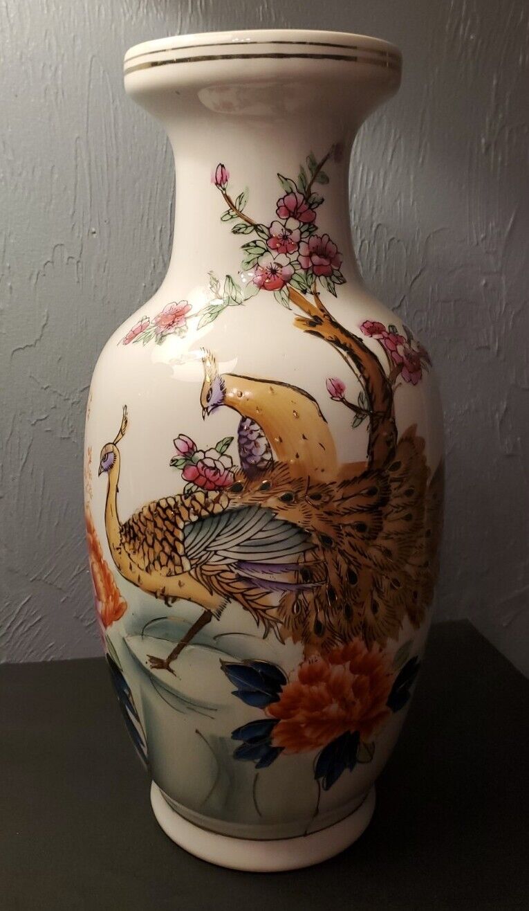 Vtg, Hand Painted  JS Oriental Asian Chinese Exotic Bird, Flower Vase, 14\