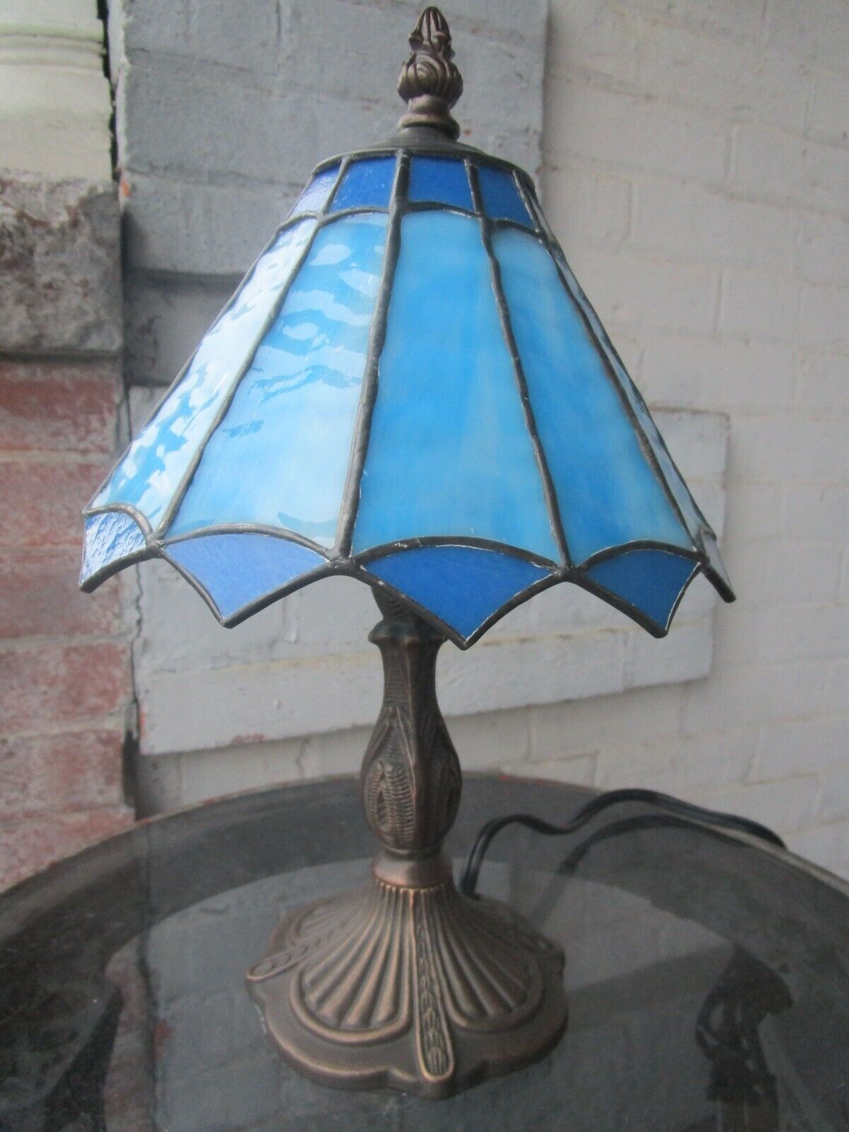 Vintage Stained Glass Lamp Blue with metal base  Pretty
