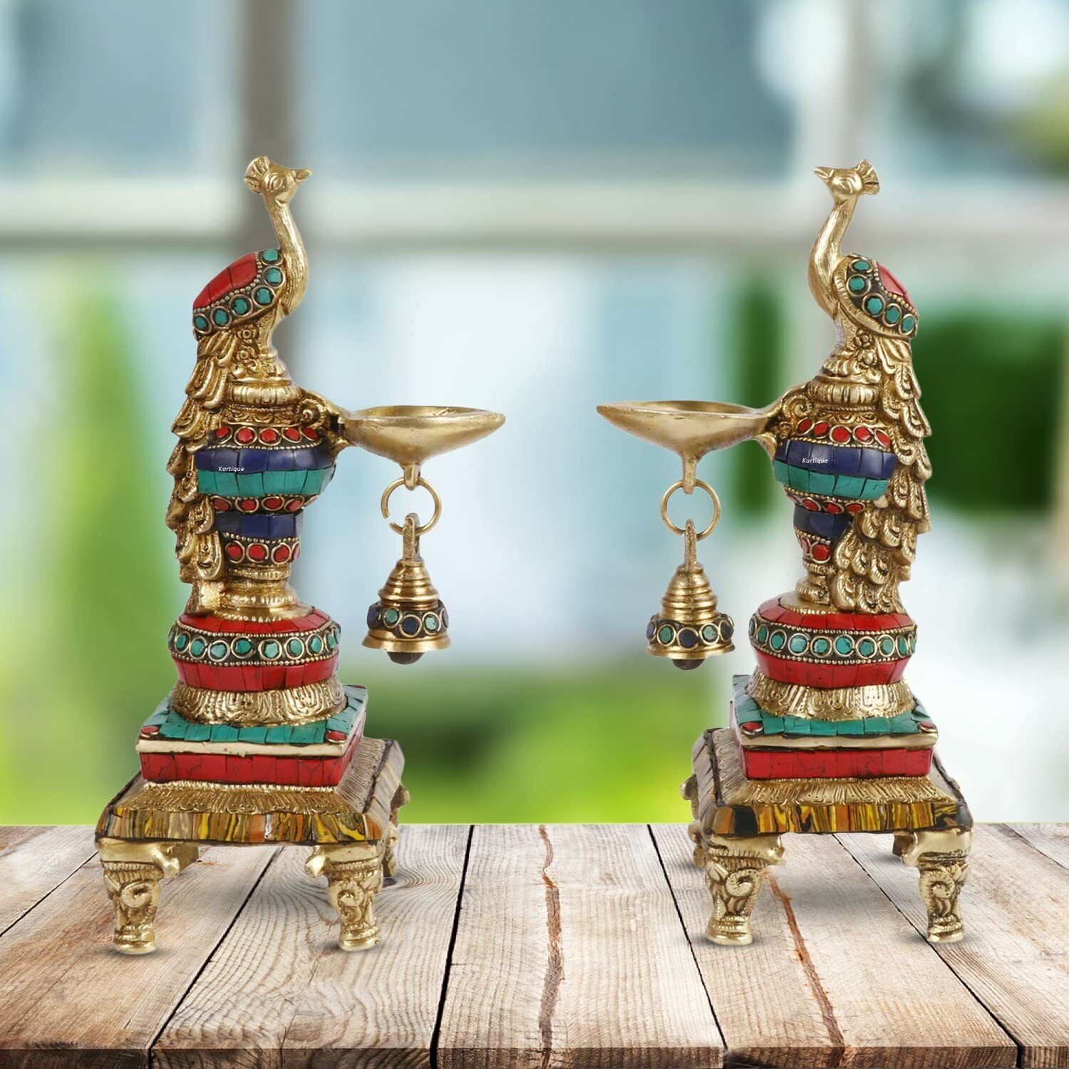 Multi Color Peacock Diya Stand OiI Lamp with Bell Table Decor Mandir Set of 2