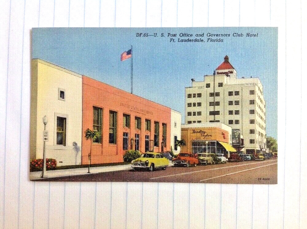 Postcard Ft. Lauderdale, Florida Post Office And Governors Club Hotel Linen