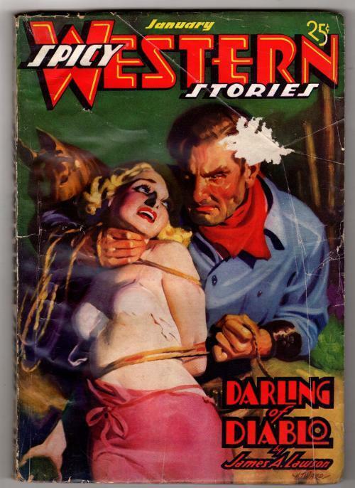 Spicy Western Jan 1937 Classic H.J. Ward Wild cover Bellem, Merrill