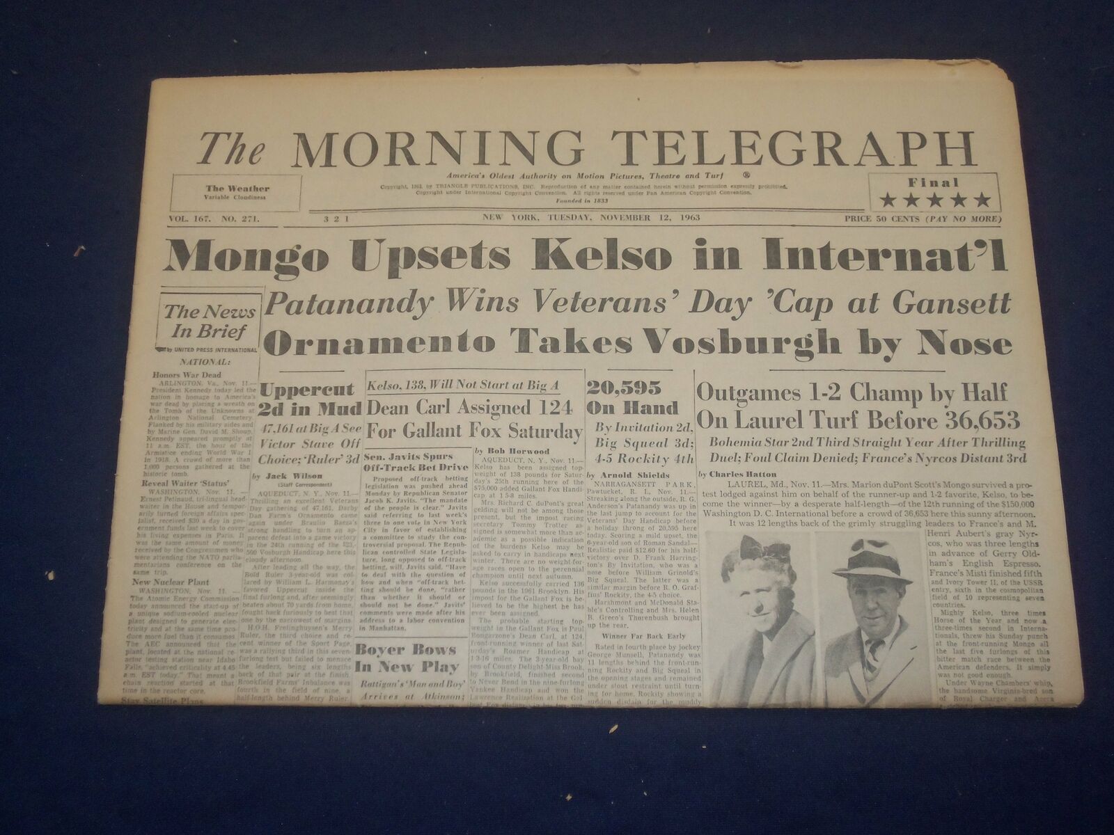 1963 NOVEMBER 12 THE MORNING TELEGRAPH NEWSPAPER - MONGO UPSETS KELSO - NP 3200E