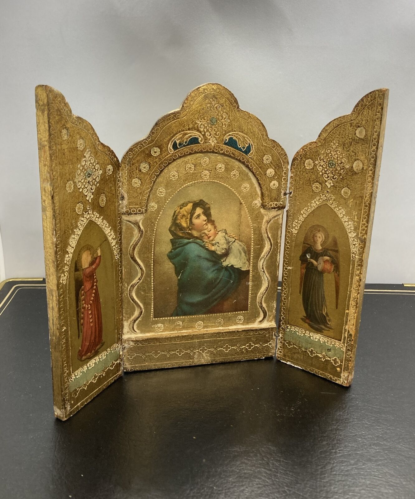 Vintage Florence Italy Triptych 2 Side Angels Gold Leaf 7” Tall
