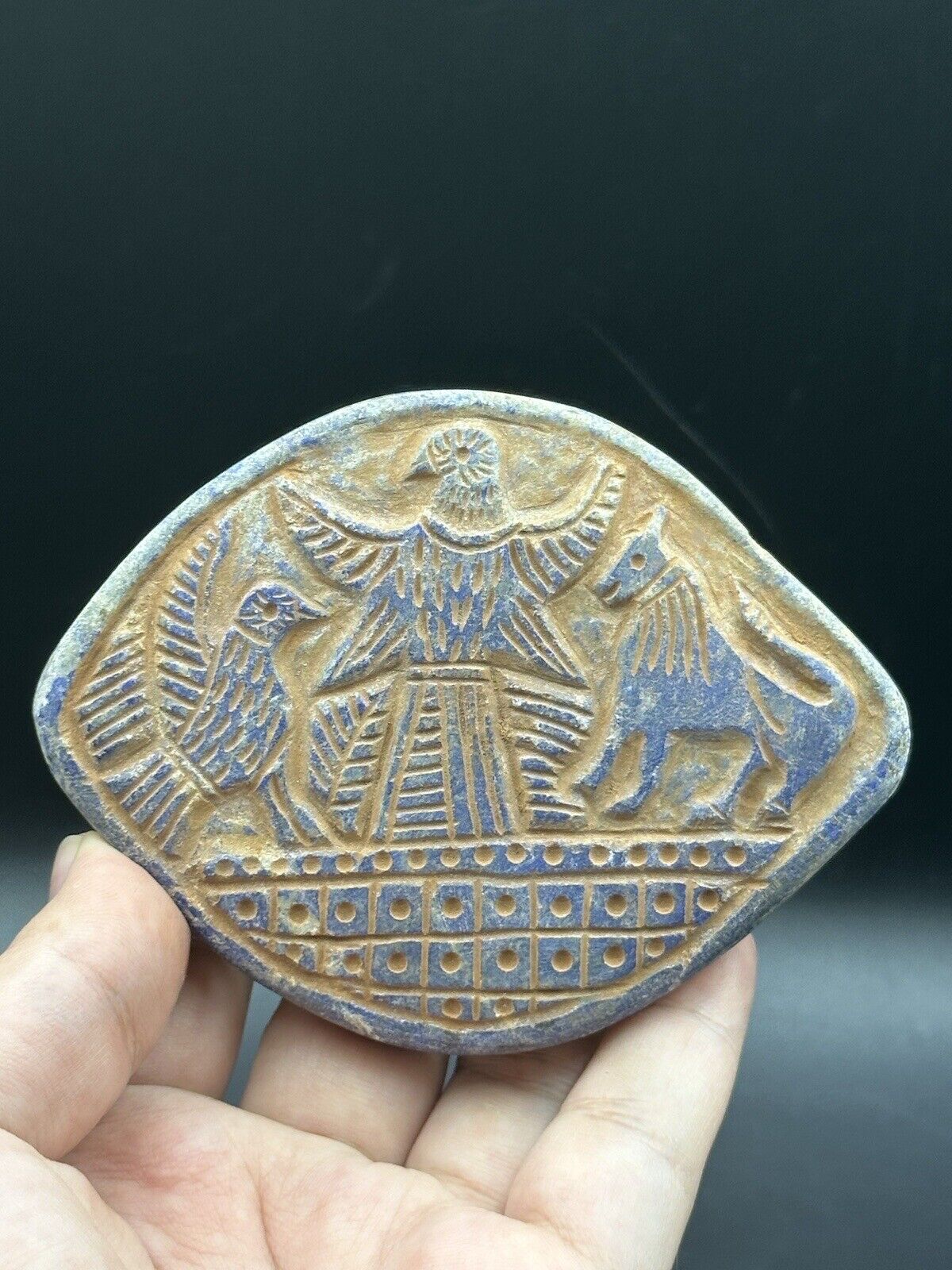 Rare Ancient Sasanian Near Eastern Lapis Tablet With Eagle Bird And Lion Carving
