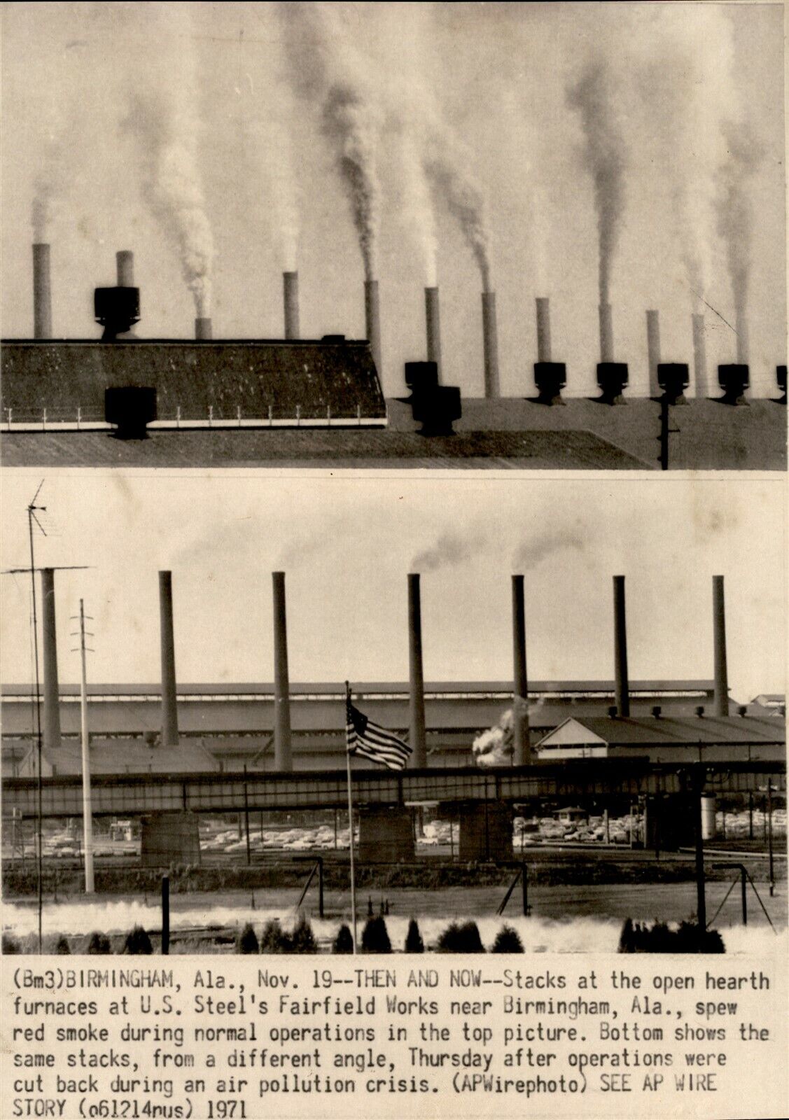 LG957 1971 Wire Photo THEN & NOW US STEEL FAIRFIELD WORKS SMOKE STACKS POLLUTION