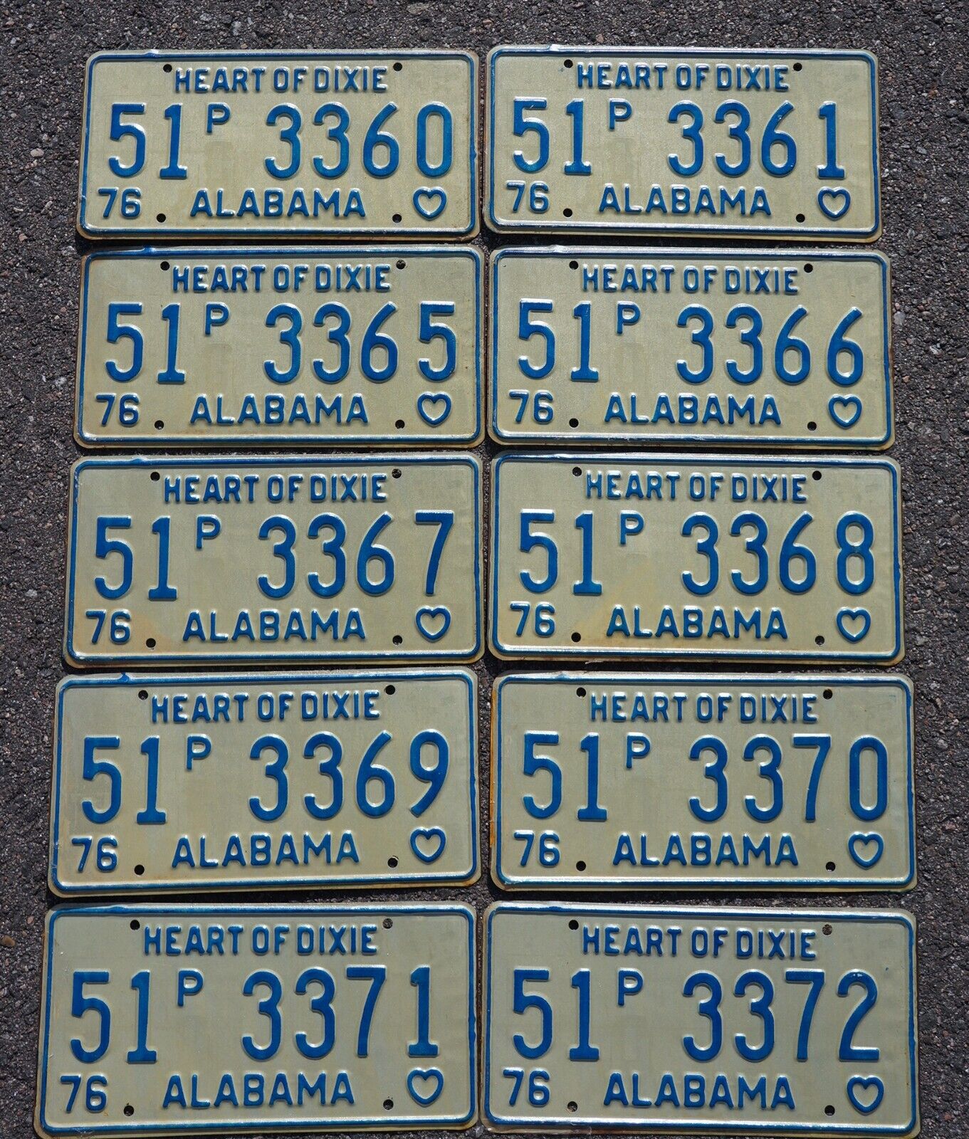 1976 Bicentennial ALABAMA LICENSE PLATE -LOT OF 10 HEART OF DIXIE Vintage Plates