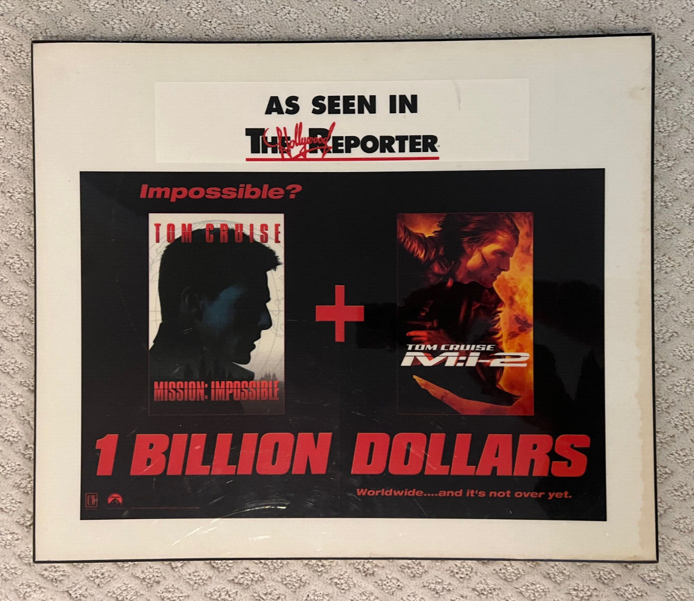 Rare Tom Cruise Mission Impossible/M:i2 Plaque Billion $ Promo Movie Advertising