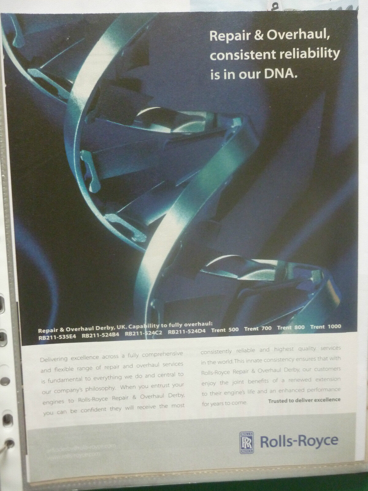 2/2010 PUB ROLLS-ROYCE REPAIR OVERHAUL MAINTENANCE AVIATION DNA ORIGINAL AD