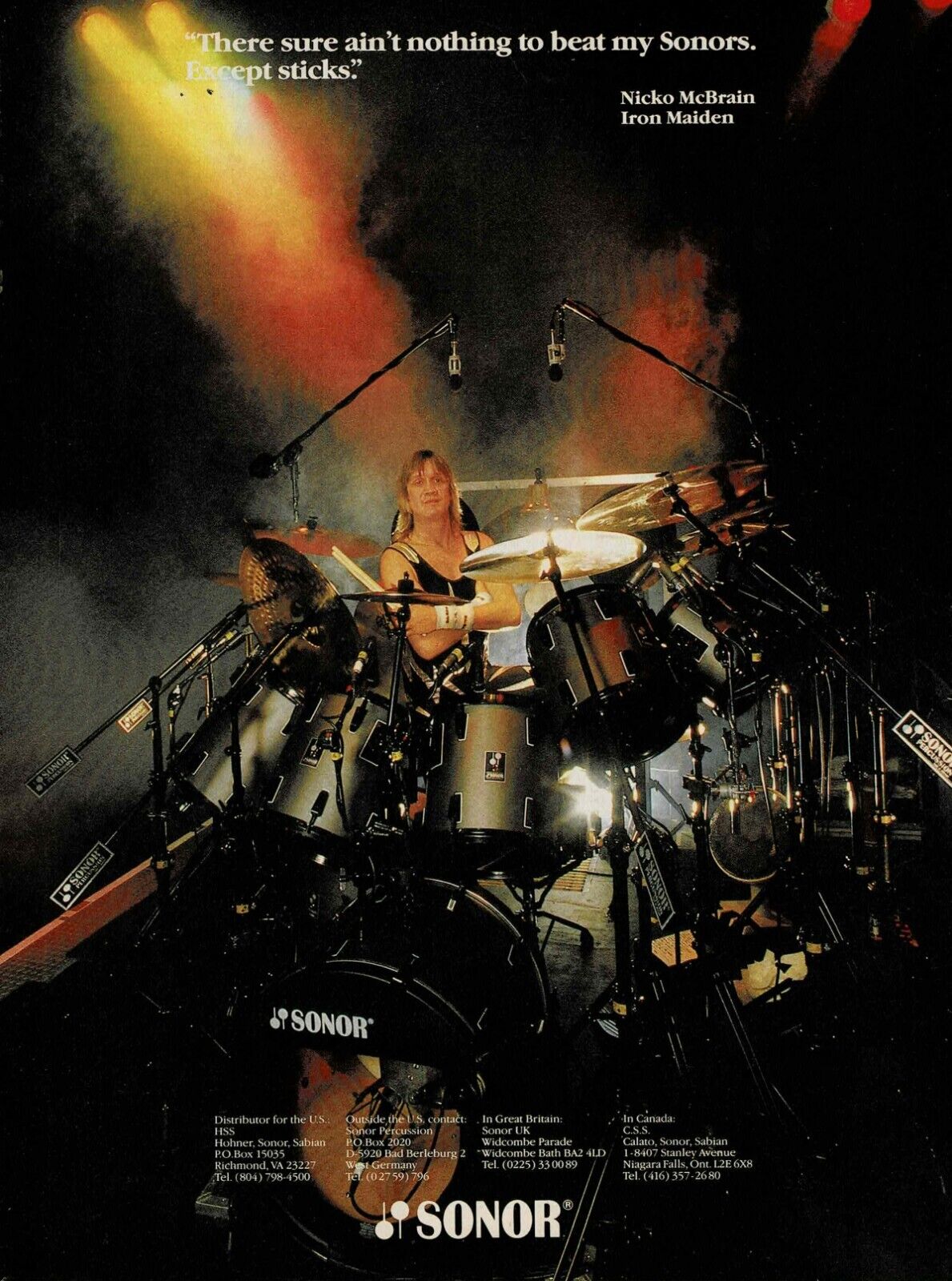 SONOR DRUMS - Nicko McBrain of Iron Maiden - 1987 Print Ad